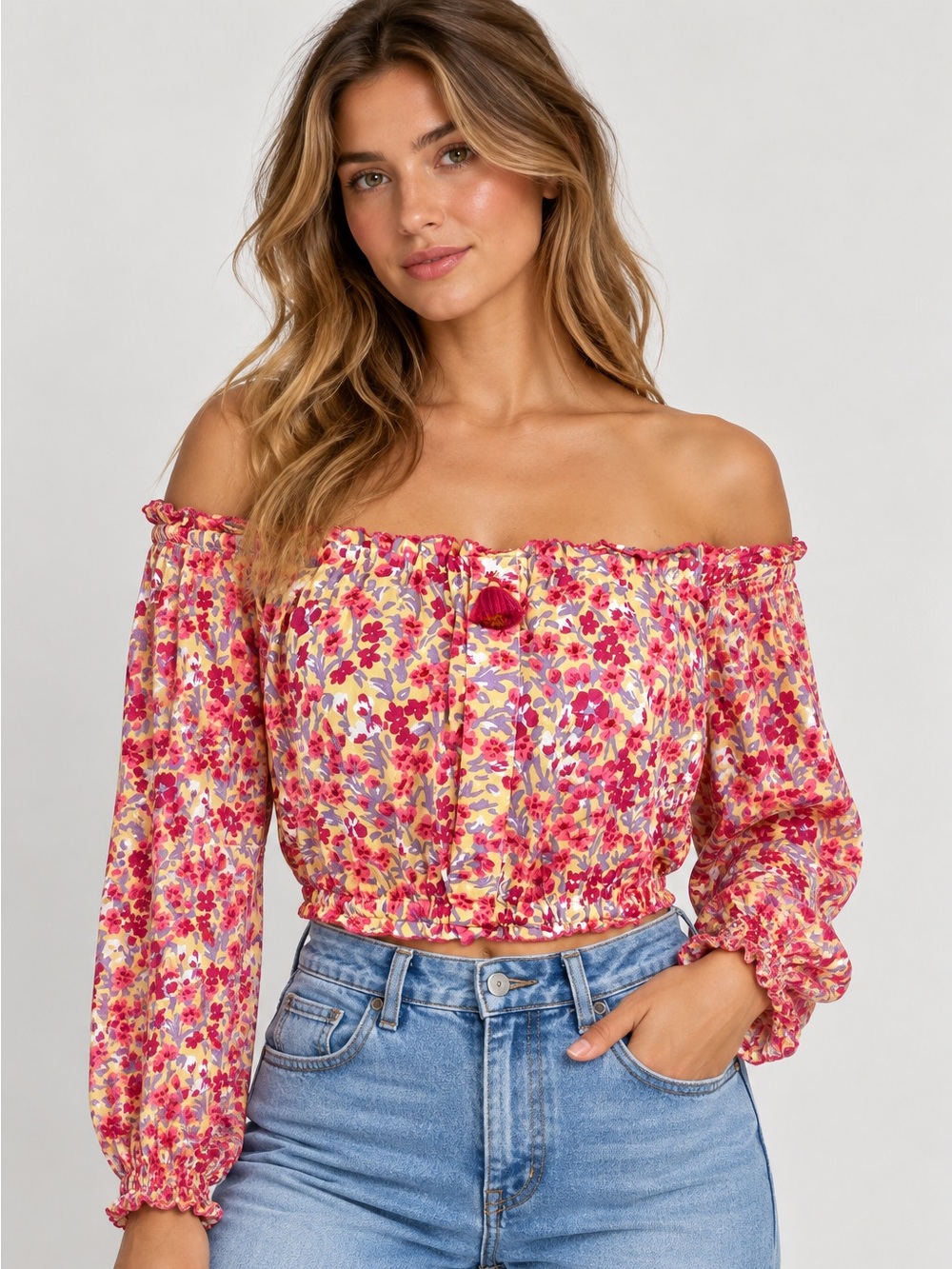 Poupette St. Barth Mini Rachel Top Off Shoulder Crop Shirt Daffodil Size Small